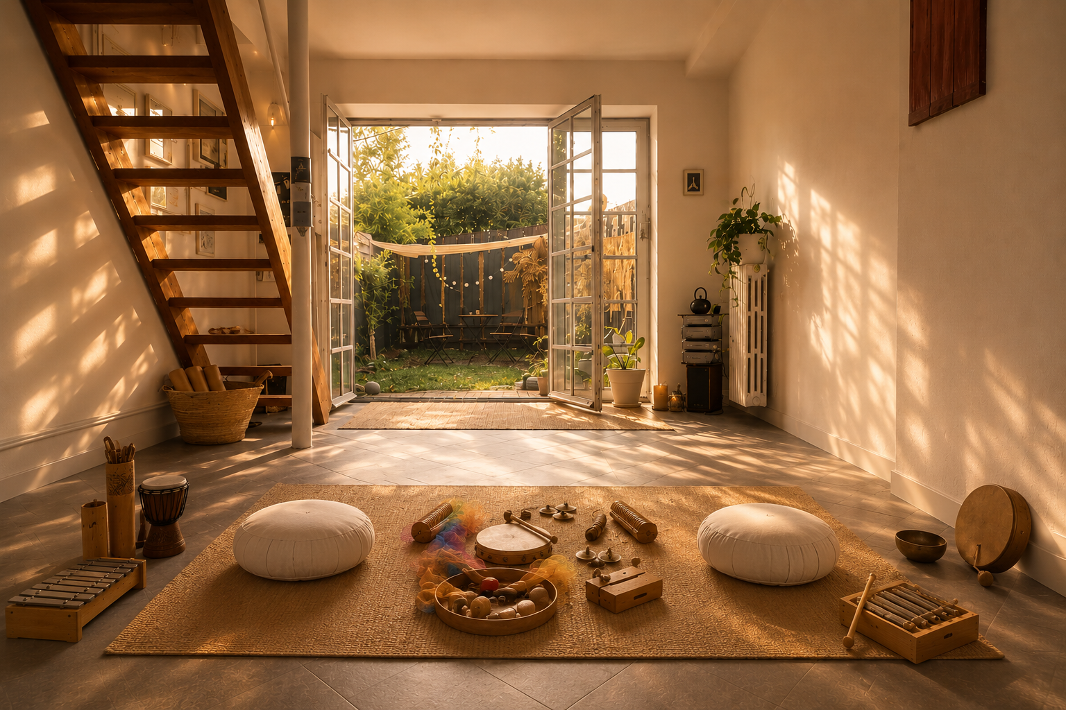 Spazio SSH con strumenti musicali, cuscini e luce naturale che entra dal giardino