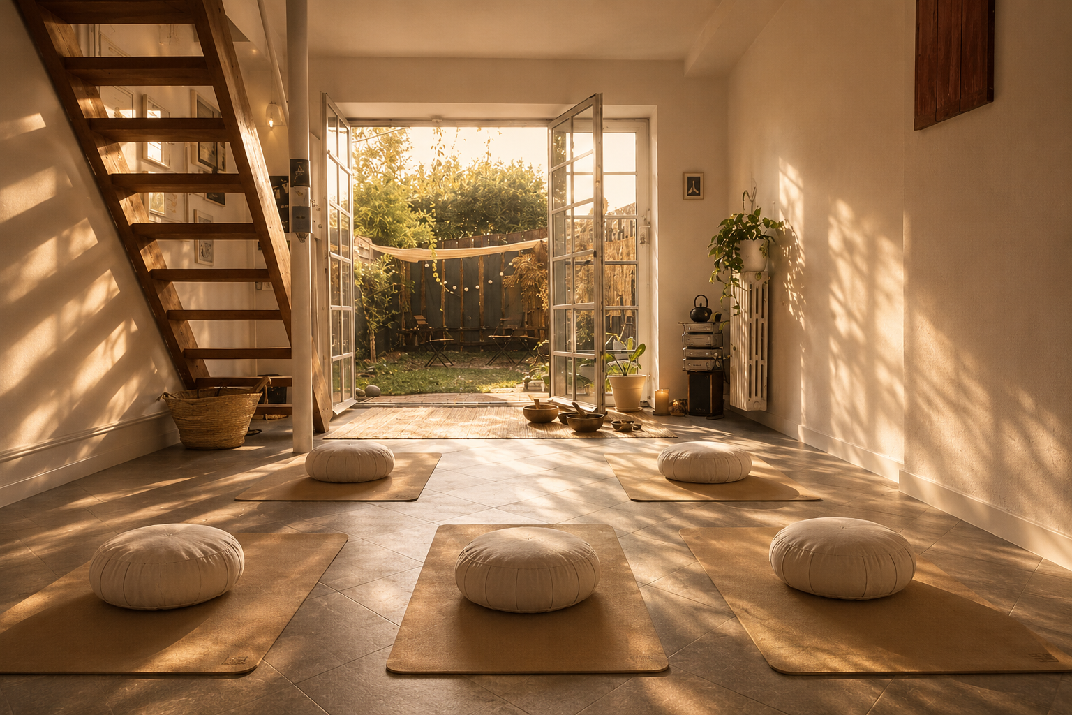 Sala dello studio SSH con cuscini, tappetini, luce naturale e porta aperta sul giardino