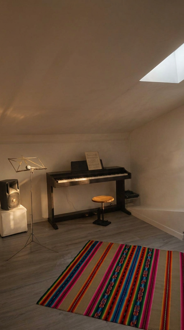 Angolo dello studio SSH con piano digitale, leggio e tappeto colorato sotto la luce naturale del lucernario