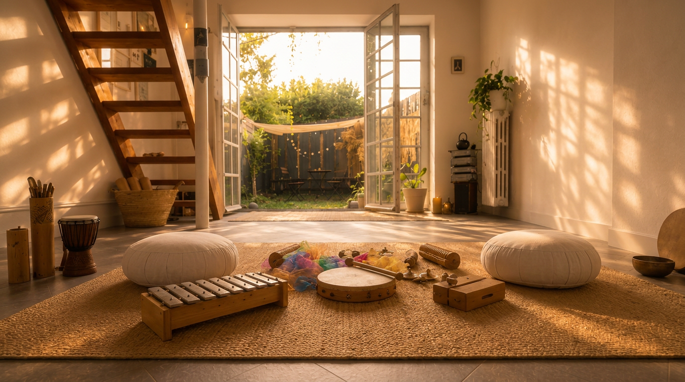 Due zafu e strumentario Orff sul tappeto nella sala luminosa dello studio SSH, aperta sul giardino